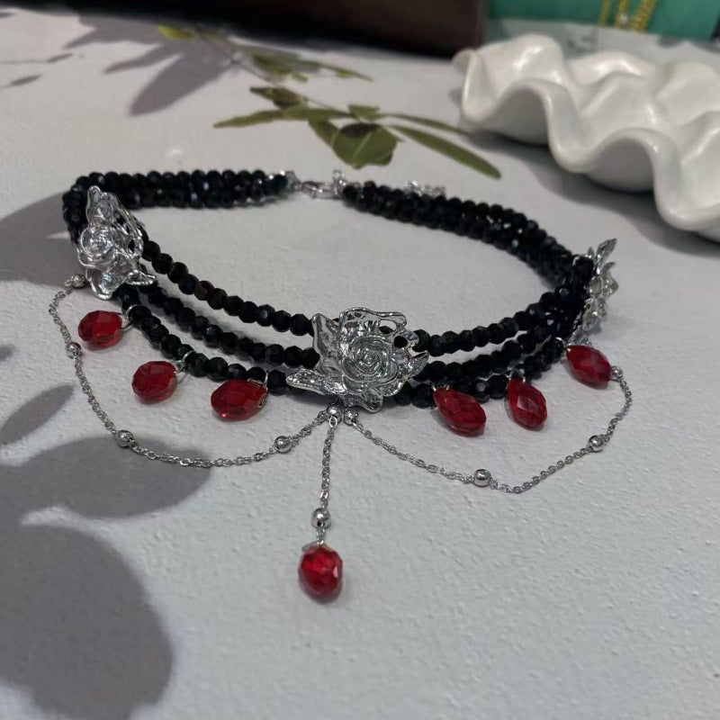 Layered Black Bead Choker with Silver Floral Accents & Blood-Red Teardrop Gems - Dark Elegant Jewelry for Alternative & Romantic Style