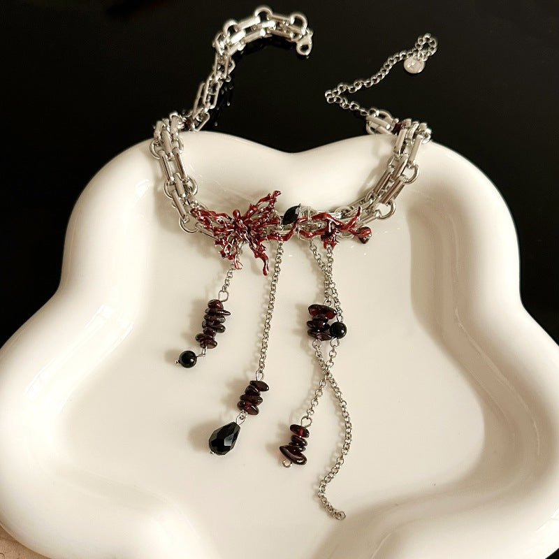 Blood-Drip Silver Choker with Layered Chain Tassels - Dark Elegant Necklace for Alternative & Vampire Style
