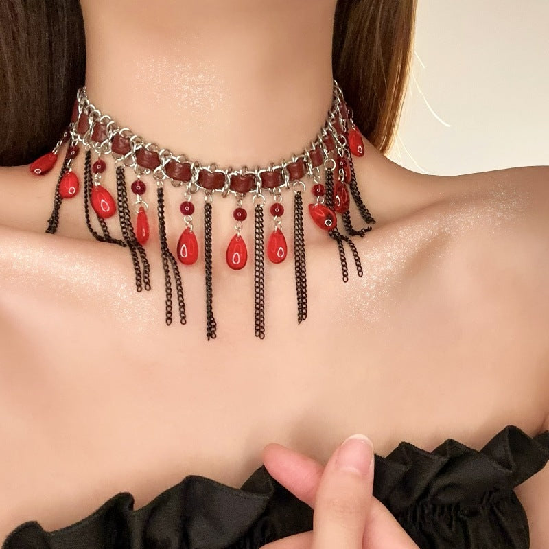 Leather & Silver Chain Choker with Blood-Red Teardrop Pendant - Dark Edgy Necklace for Alternative & Punk Style