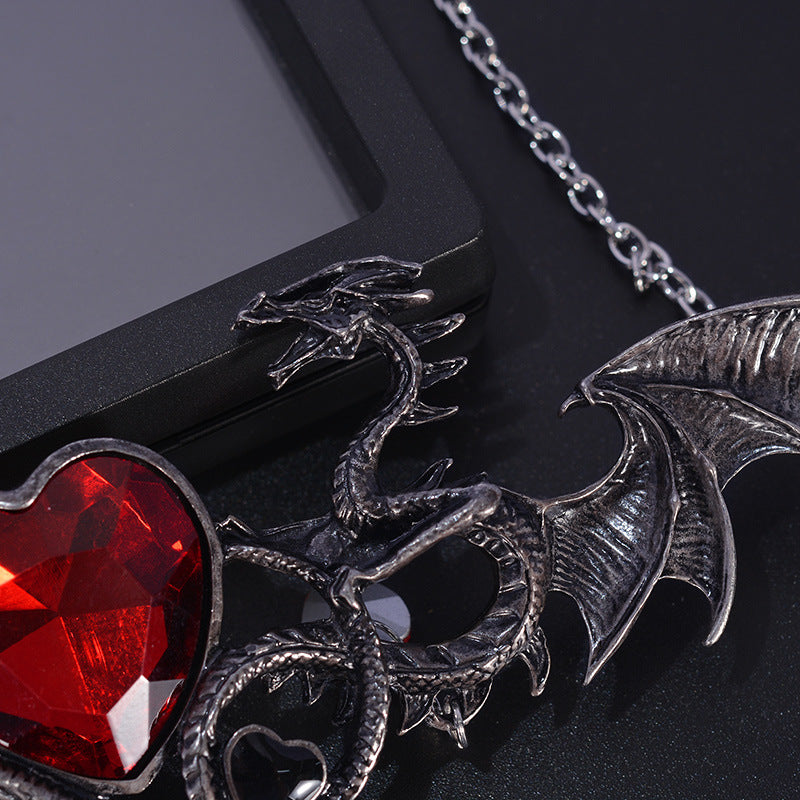 Dual Dragon Silver Necklace with Ruby Heart & Dangling Charms - Dark Mystical Jewelry for Alternative & Fantasy Style
