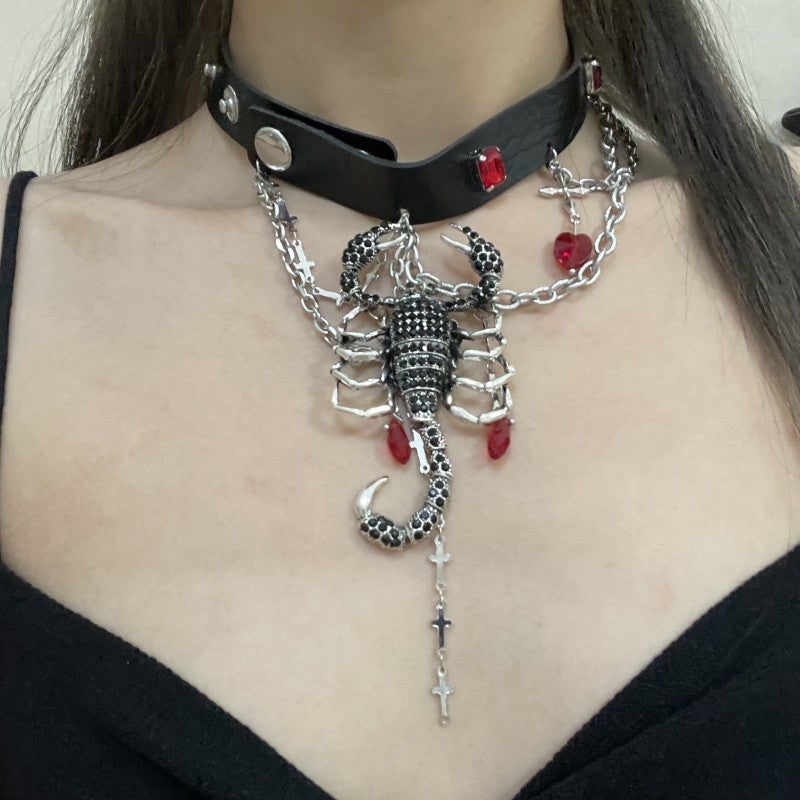 Black Leather Choker with Scorpion Pendant & Red Gemstones - Dark Edgy Necklace for Alternative & Punk Style