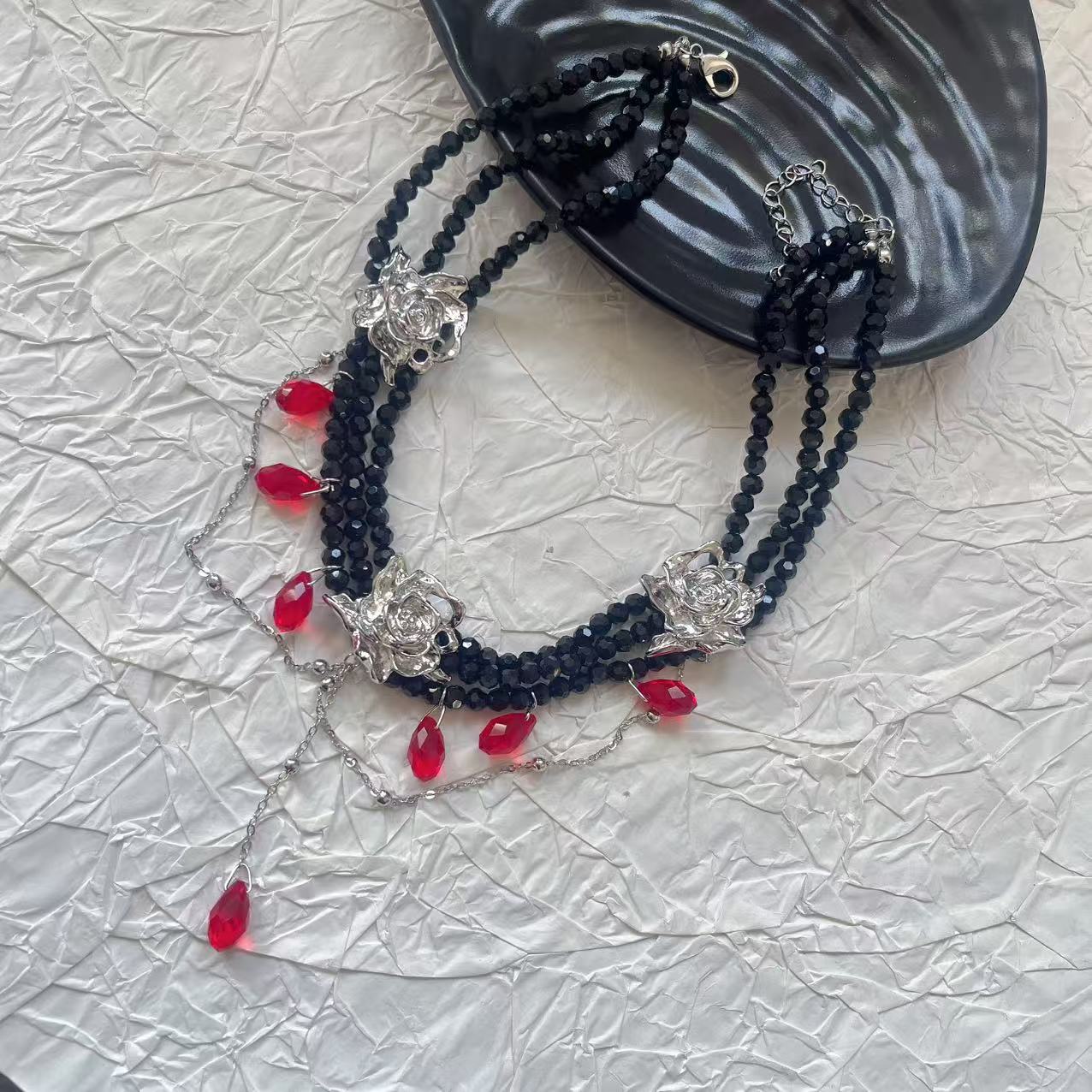 Layered Black Bead Choker with Silver Floral Accents & Blood-Red Teardrop Gems - Dark Elegant Jewelry for Alternative & Romantic Style