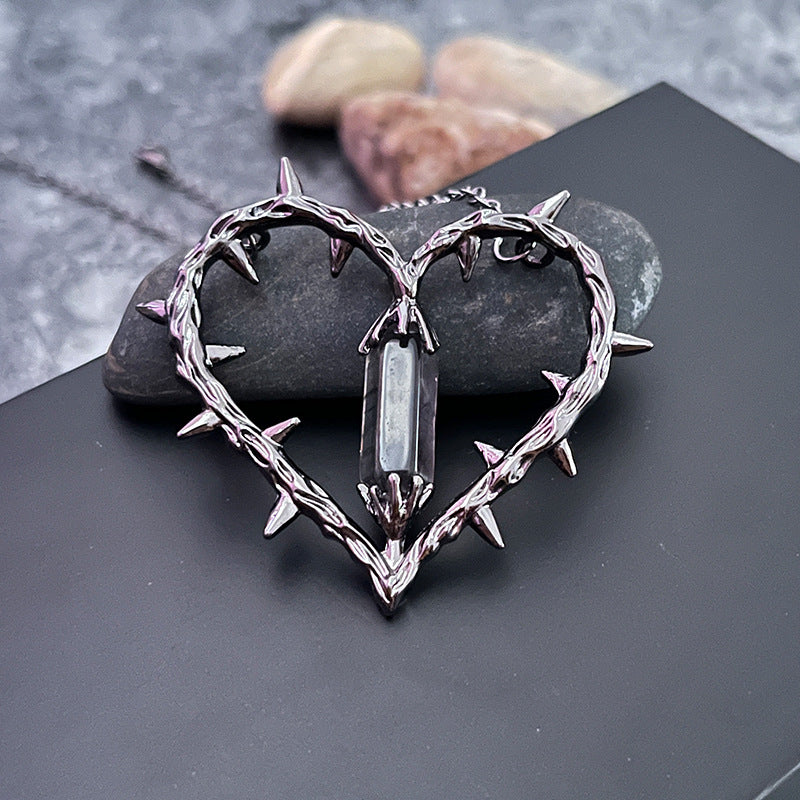 Spiked Heart Pendant with Black Crystal - Edgy Dark Jewelry for Punk & Alternative Fashion