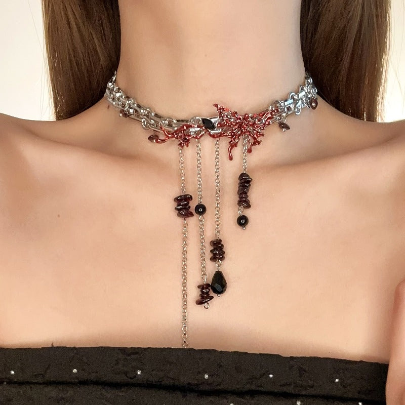Blood-Drip Silver Choker with Layered Chain Tassels - Dark Elegant Necklace for Alternative & Vampire Style