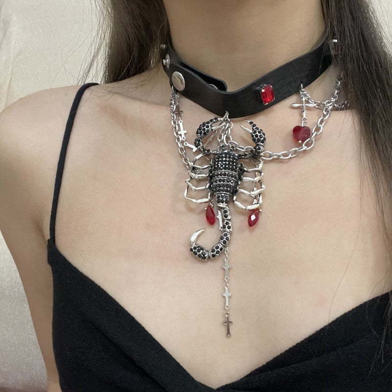 Black Leather Choker with Scorpion Pendant & Red Gemstones - Dark Edgy Necklace for Alternative & Punk Style