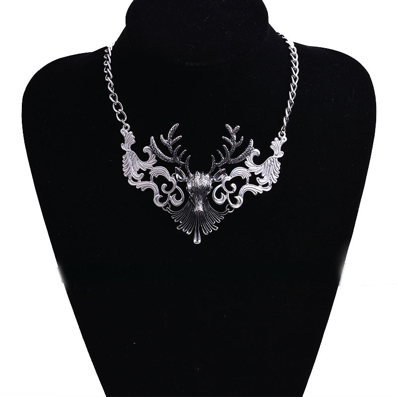 Mystical Stag Head Silver Collar Necklace with Ornate Detailing