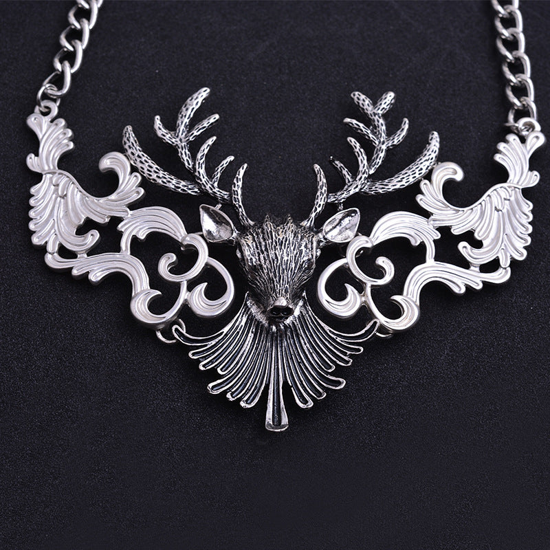 Mystical Stag Head Silver Collar Necklace with Ornate Detailing
