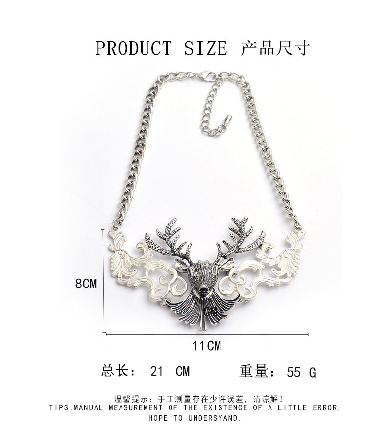 Mystical Stag Head Silver Collar Necklace with Ornate Detailing