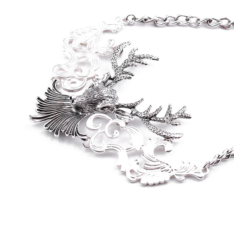 Mystical Stag Head Silver Collar Necklace with Ornate Detailing