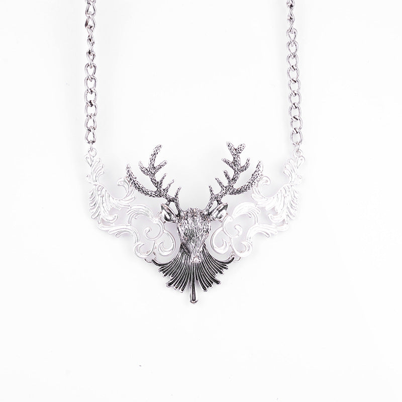 Mystical Stag Head Silver Collar Necklace with Ornate Detailing