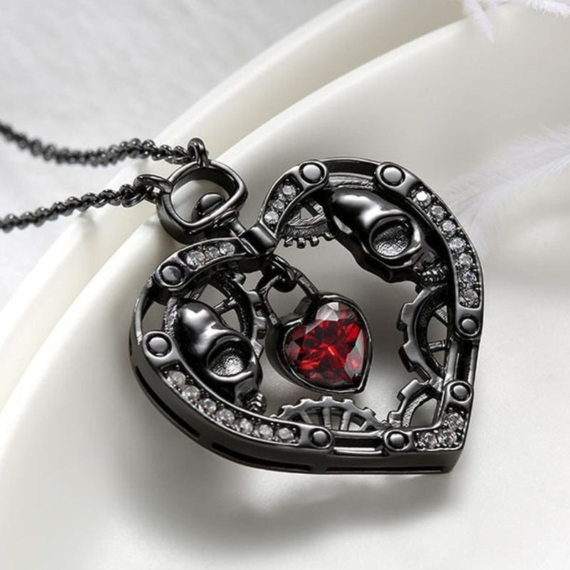 Mechanical Heart Pendant Necklace with Ruby Gear Details - Steampunk Dark Jewelry for Alternative & Industrial Style