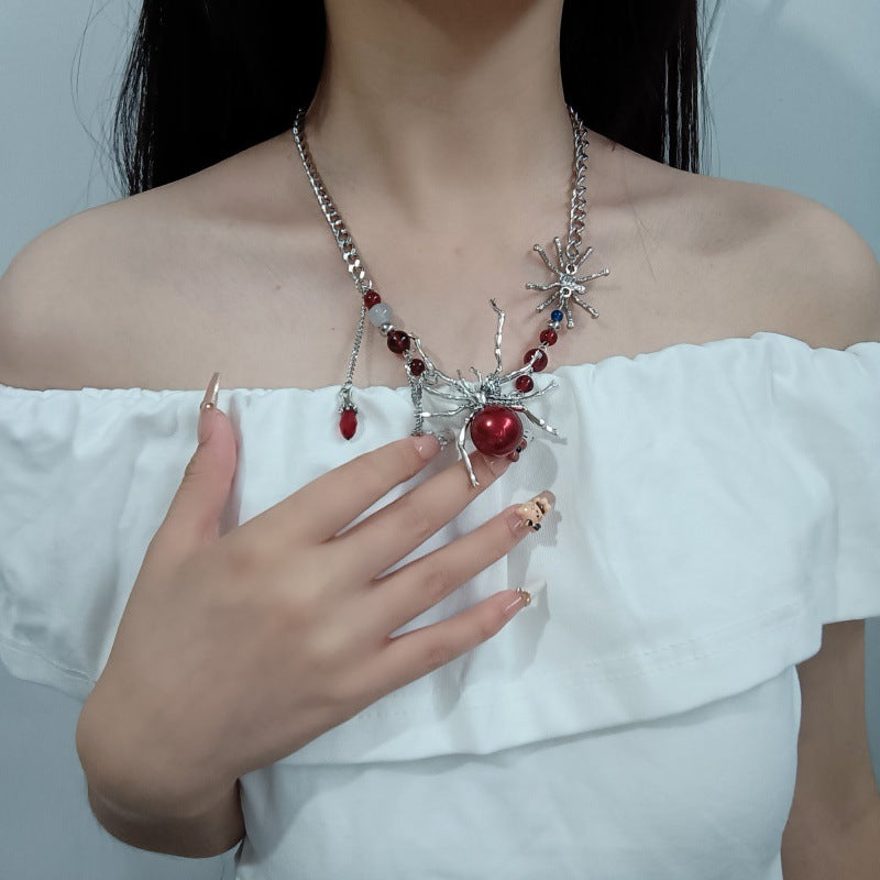 Silver Spider Necklace with Blood-Red Beads & Dangling Charms - Dark Edgy Jewelry for Alternative & Mystic Style