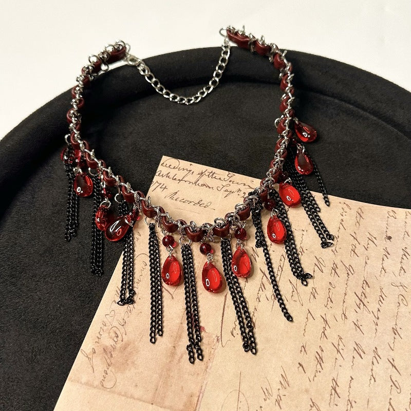 Leather & Silver Chain Choker with Blood-Red Teardrop Pendant - Dark Edgy Necklace for Alternative & Punk Style