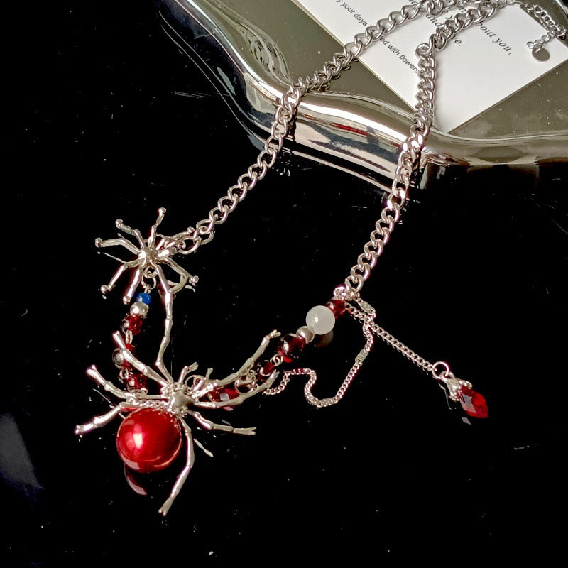Silver Spider Necklace with Blood-Red Beads & Dangling Charms - Dark Edgy Jewelry for Alternative & Mystic Style