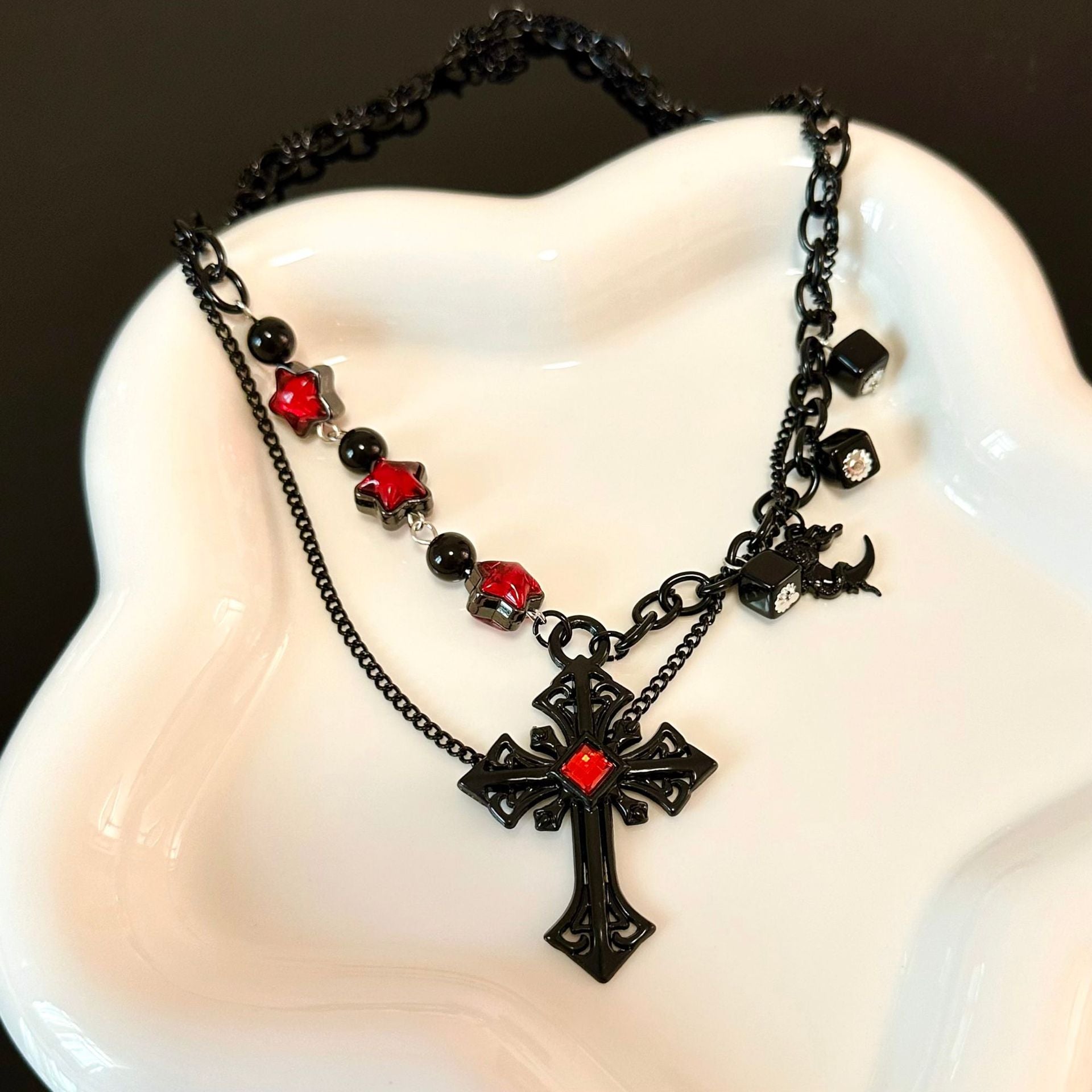 Black Chain Necklace with Geometric Cubes & Blood-Red Cross Pendant - Dark Edgy Jewelry for Alternative & Punk Style