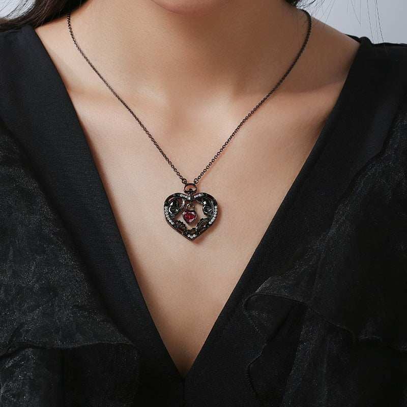 Mechanical Heart Pendant Necklace with Ruby Gear Details - Steampunk Dark Jewelry for Alternative & Industrial Style