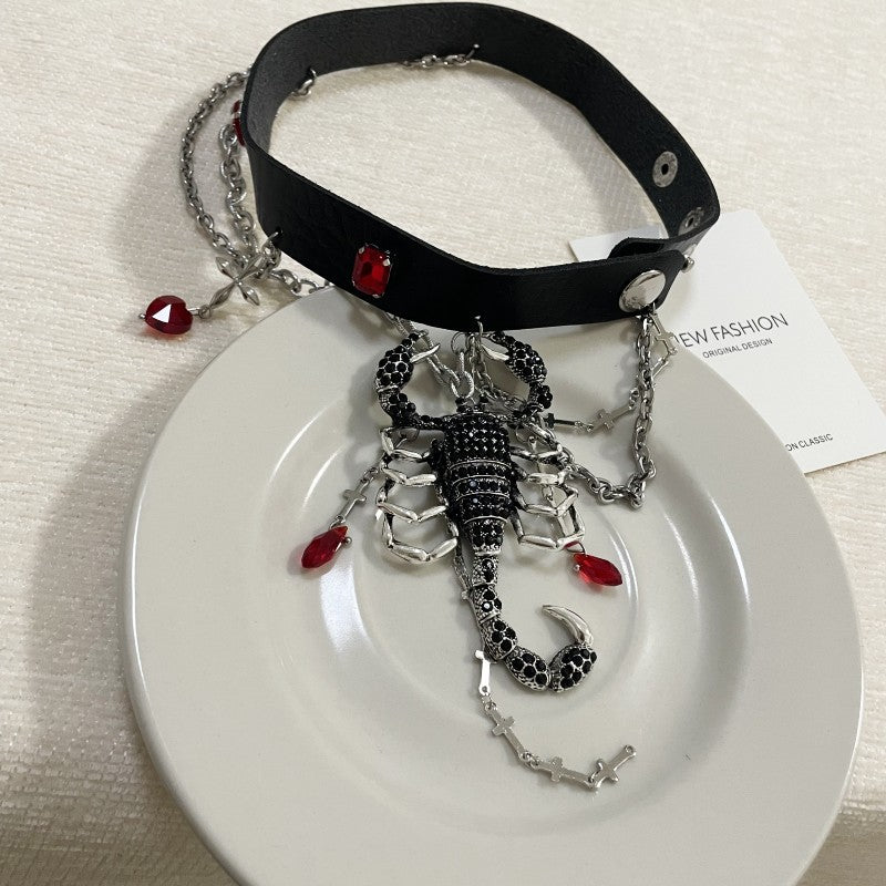 Black Leather Choker with Scorpion Pendant & Red Gemstones - Dark Edgy Necklace for Alternative & Punk Style
