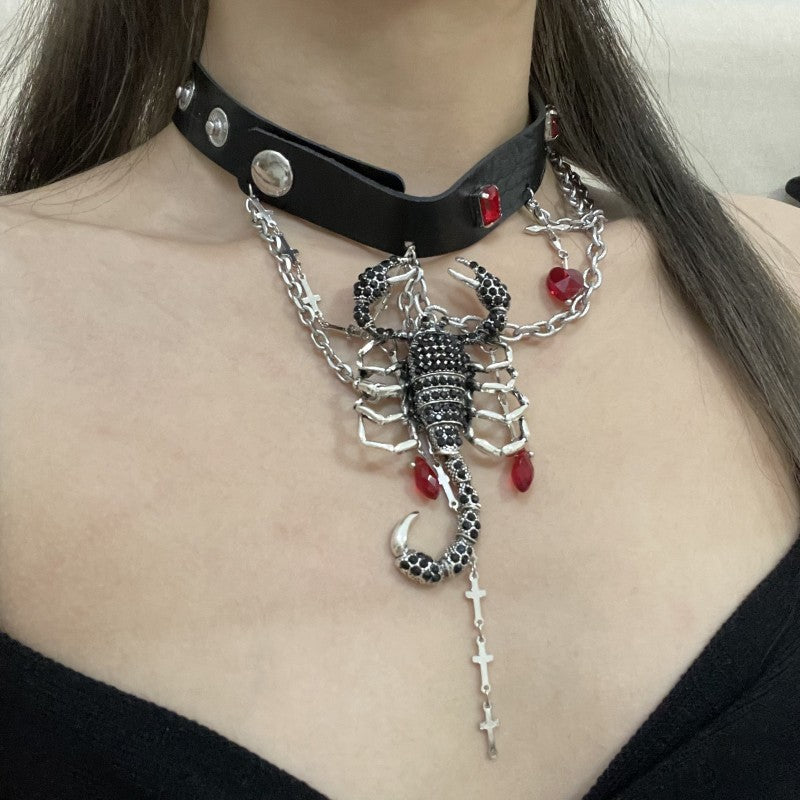 Black Leather Choker with Scorpion Pendant & Red Gemstones - Dark Edgy Necklace for Alternative & Punk Style