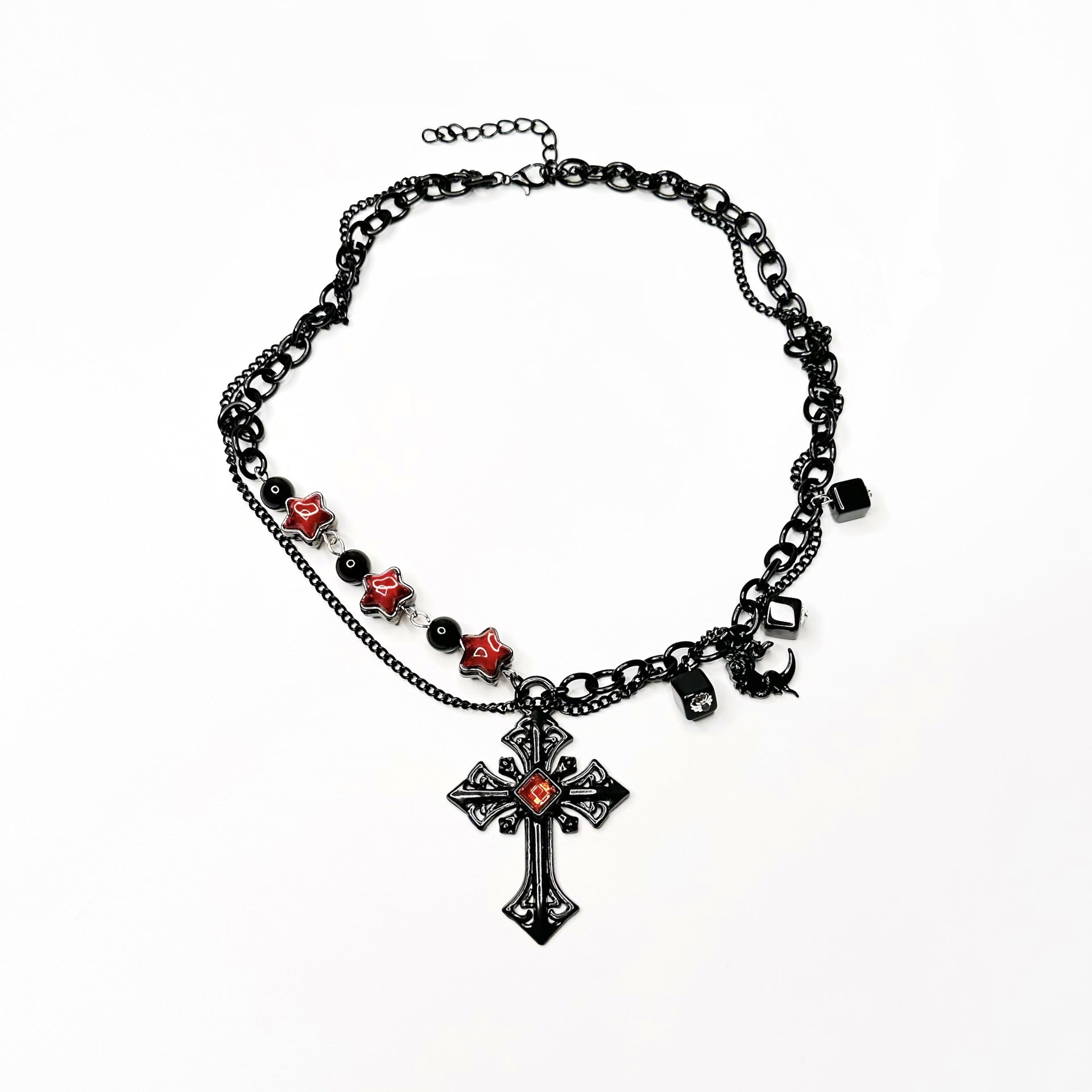 Black Chain Necklace with Geometric Cubes & Blood-Red Cross Pendant - Dark Edgy Jewelry for Alternative & Punk Style