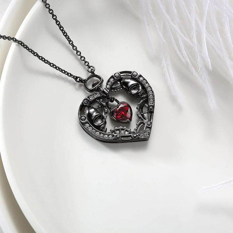 Mechanical Heart Pendant Necklace with Ruby Gear Details - Steampunk Dark Jewelry for Alternative & Industrial Style