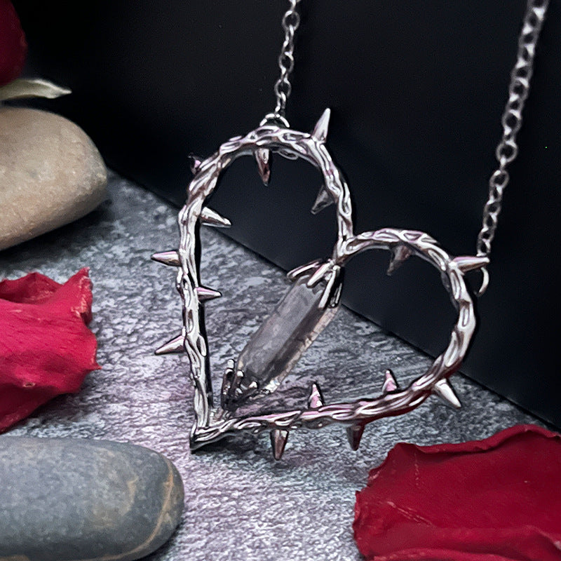 Spiked Heart Pendant with Black Crystal - Edgy Dark Jewelry for Punk & Alternative Fashion