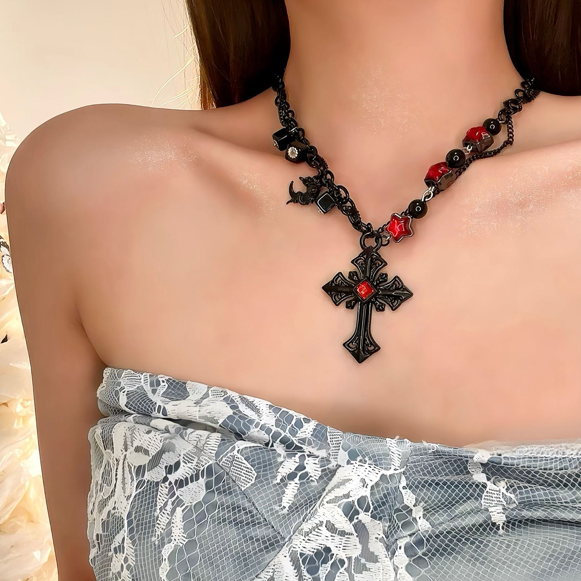 Black Chain Necklace with Geometric Cubes & Blood-Red Cross Pendant - Dark Edgy Jewelry for Alternative & Punk Style