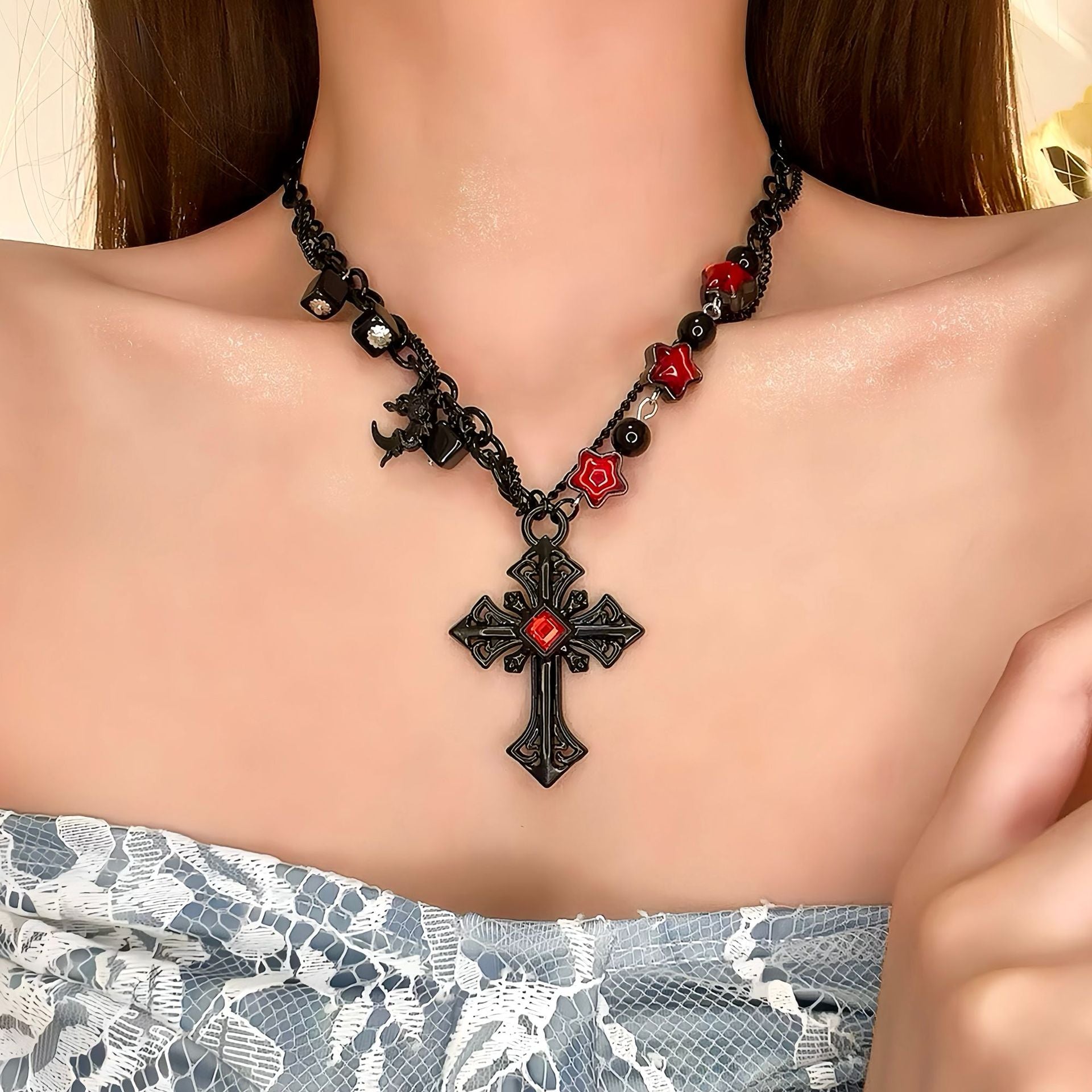 Black Chain Necklace with Geometric Cubes & Blood-Red Cross Pendant - Dark Edgy Jewelry for Alternative & Punk Style