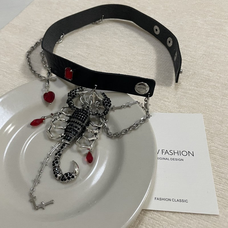 Black Leather Choker with Scorpion Pendant & Red Gemstones - Dark Edgy Necklace for Alternative & Punk Style