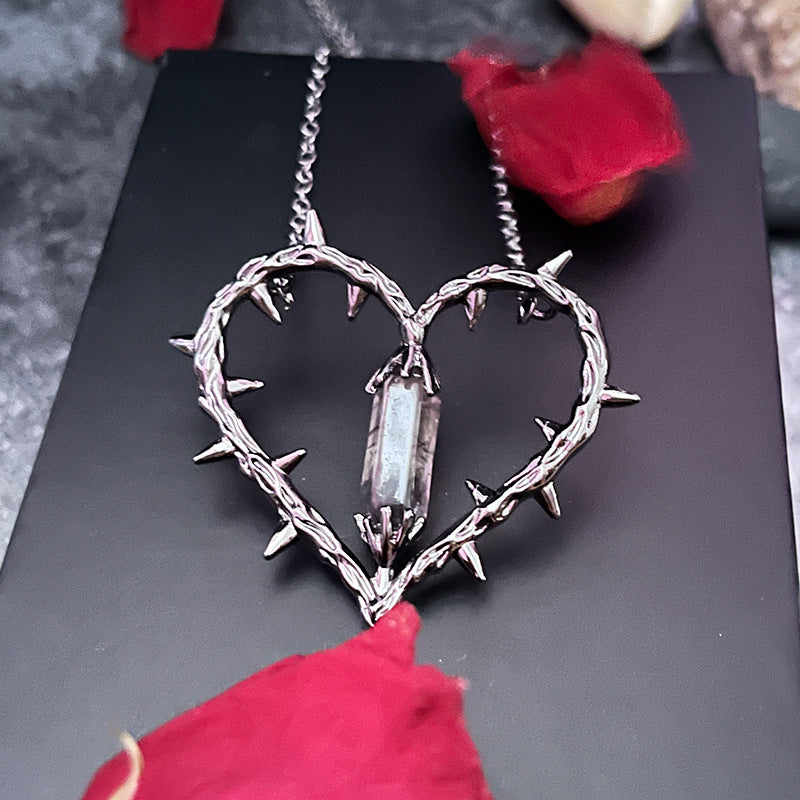 Spiked Heart Pendant with Black Crystal - Edgy Dark Jewelry for Punk & Alternative Fashion