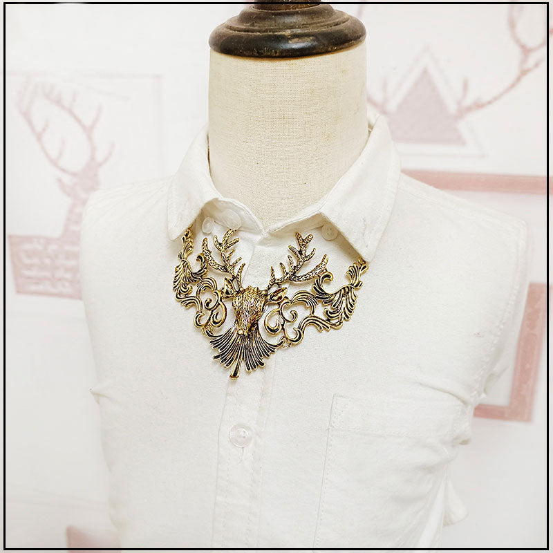 Mystical Stag Head Silver Collar Necklace with Ornate Detailing