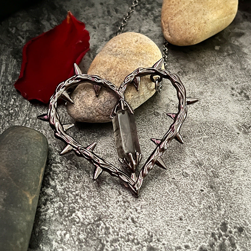 Spiked Heart Pendant with Black Crystal - Edgy Dark Jewelry for Punk & Alternative Fashion