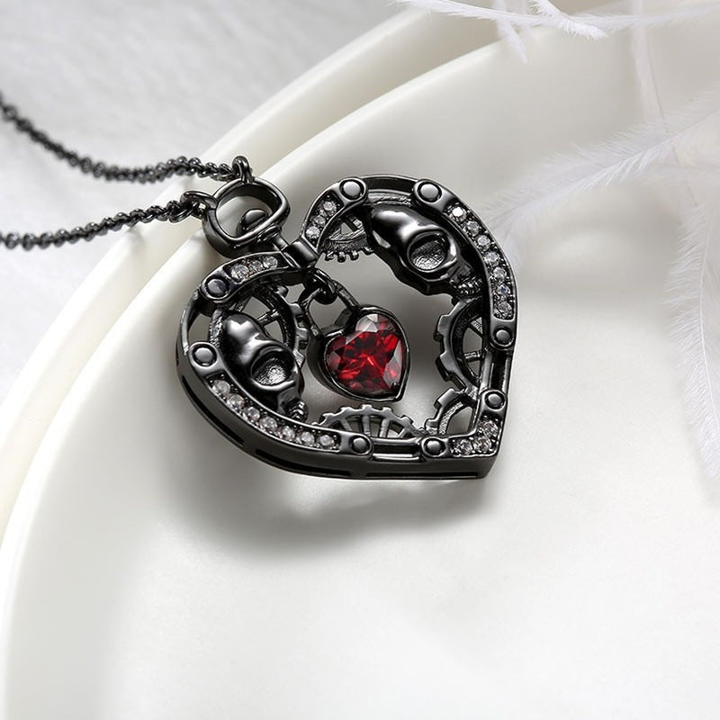Mechanical Heart Pendant Necklace with Ruby Gear Details - Steampunk Dark Jewelry for Alternative & Industrial Style