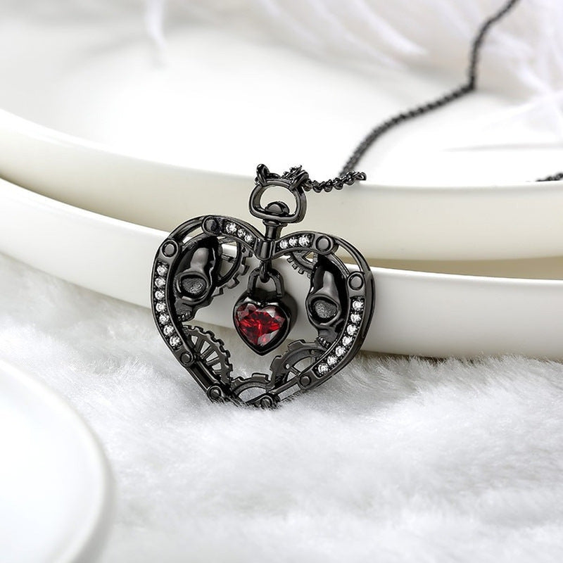 Mechanical Heart Pendant Necklace with Ruby Gear Details - Steampunk Dark Jewelry for Alternative & Industrial Style