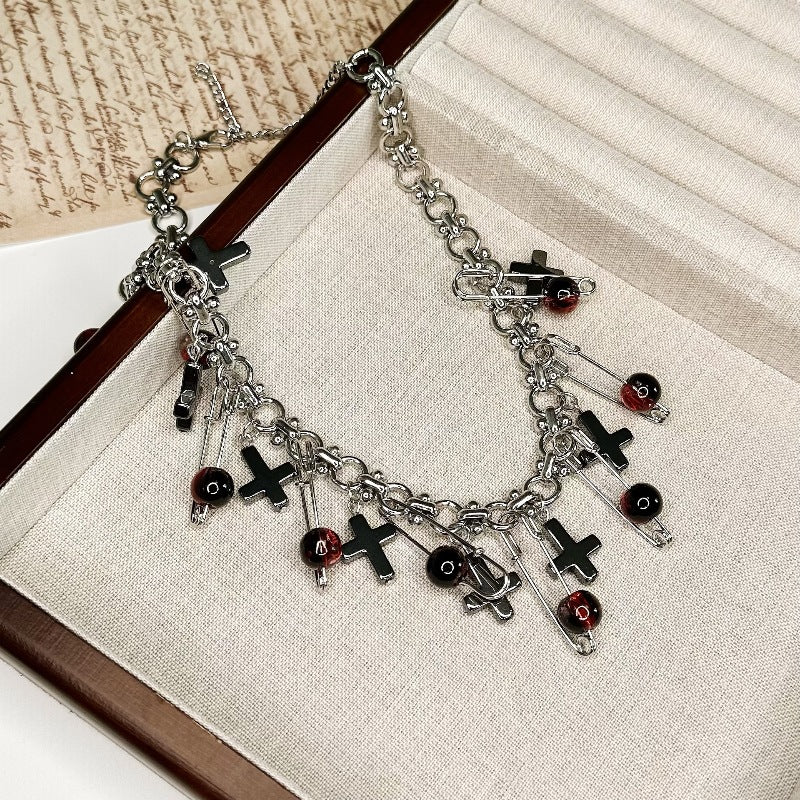 Layered Silver Chain Necklace with Black & Blood-Red Beads - Edgy Gothic Jewelry for Alternative & Punk Style