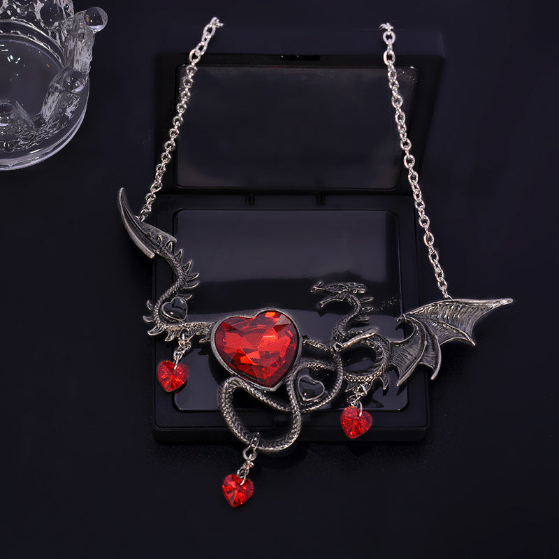 Dual Dragon Silver Necklace with Ruby Heart & Dangling Charms - Dark Mystical Jewelry for Alternative & Fantasy Style